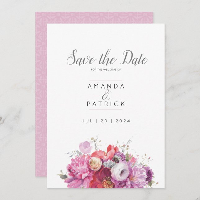 Pink Summer Floral Watercolor Wedding Save The Date (Front/Back)