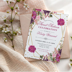 Pink Summer Flowers and Frame Sweet 16 Invitation