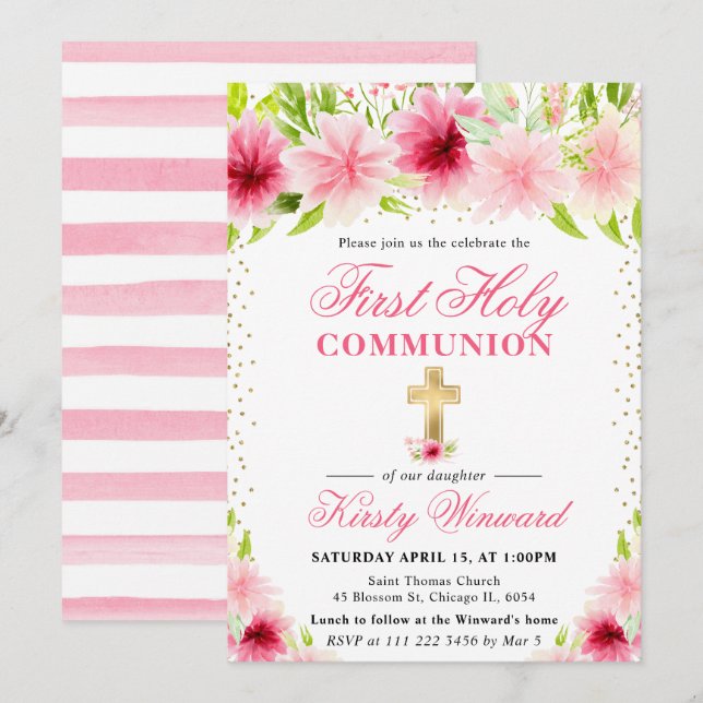 Pink Summer Flowers First Holy Communion Invitation (Front/Back)