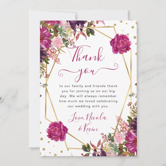 Pink Summer Flowers Frame Wedding Thank You Card (Front)