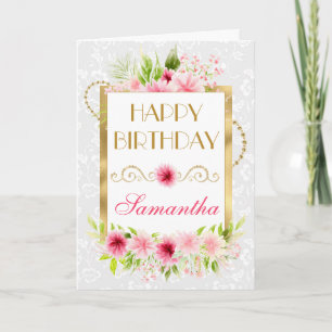 Pink Summer Flowers Gold Foil Birthday Card