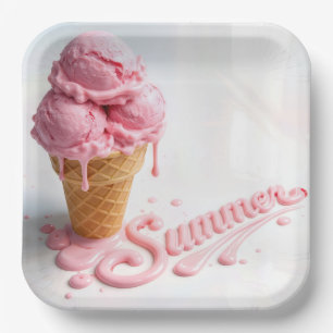 Pink Summer Ice Cream Cone Paper Plate