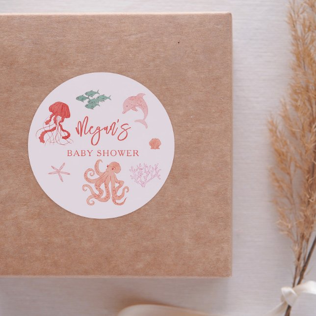 Pink Summer Ocean Baby Shower Favour Classic Round Sticker (Creator Uploaded)