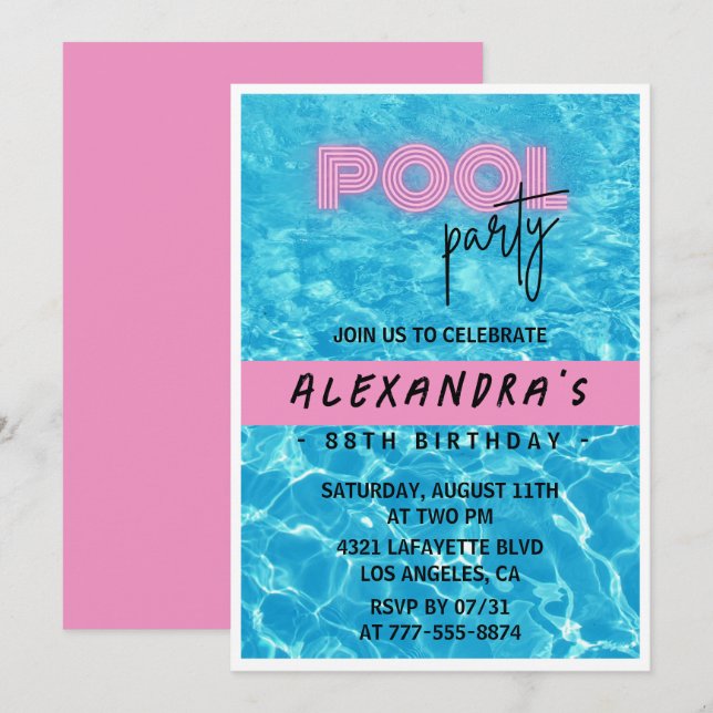  Pink Summer Pool party 88th birthday Invitation (Front/Back)