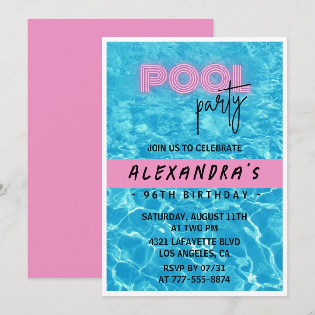  Pink Summer Pool party 96th birthday Invitation (Front/Back)