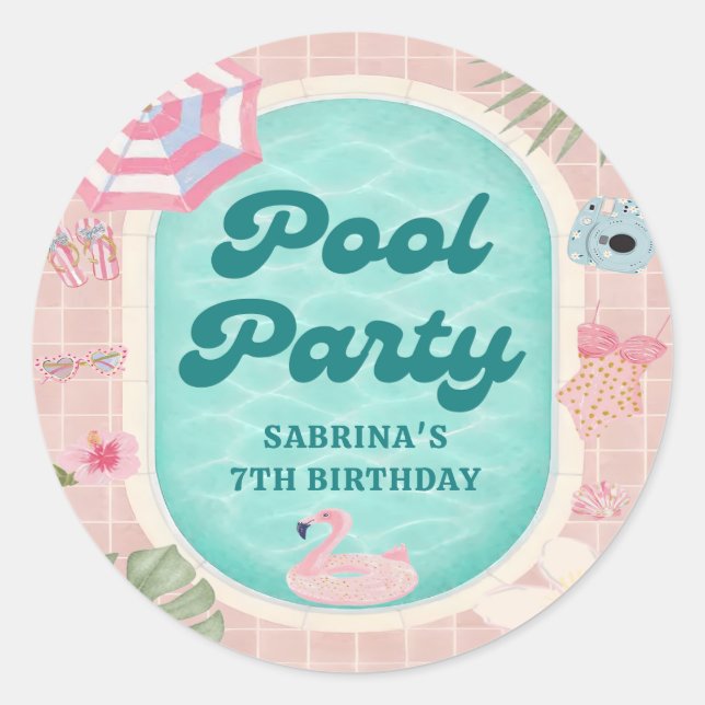 Pink Summer Pool Party Birthday Sticker (Front)