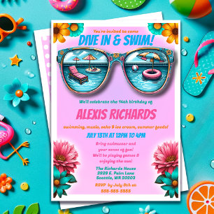 Pink Summer Splash Birthday Pool Party Invitation