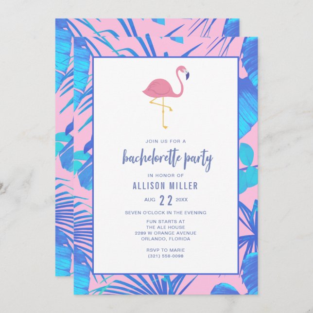 Pink Summer Tropical Flamingo Bachelorette Party Invitation (Front/Back)