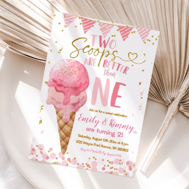 Pink Summer Two Scoops Ice Cream 2nd Birthday Invitation (Creator Uploaded)