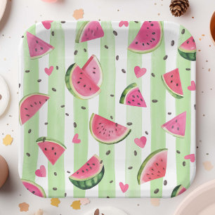 Pink Summer watermelon Cute watercolor fruit Girl Paper Plate