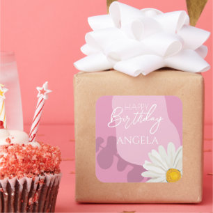 Pink Summer White Daisy Happy Birthday  Party  Square Sticker