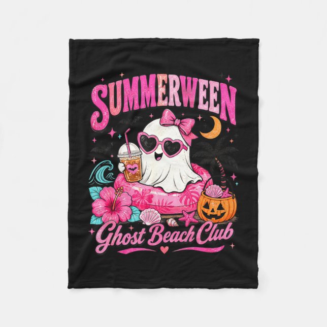 Pink summerween cute ghost tropical beach vacation fleece blanket (Front)