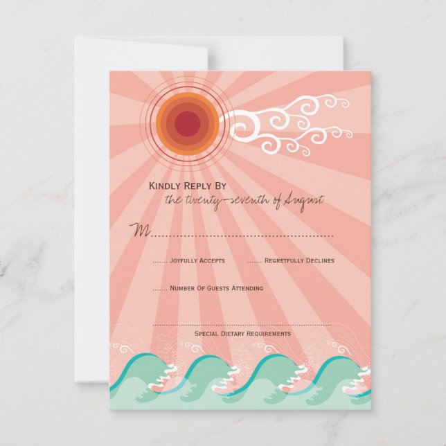 Pink Sun And Aqua Blue Waves Summer Beach Wedding RSVP Card (Front)