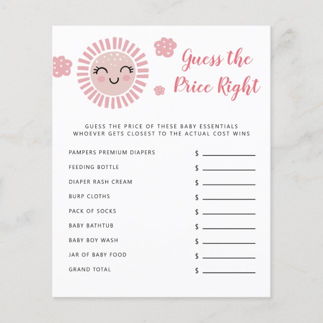 Pink Sun Guess The Price Right Baby Shower Game (Front)