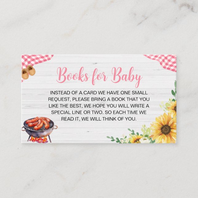 Pink Sunflower BBQ Baby Shower Books for Baby Enclosure Card (Front)