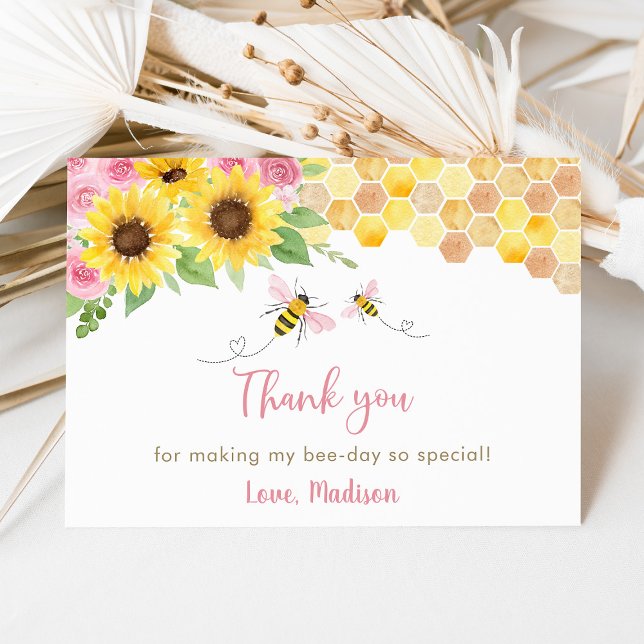 Pink Sunflower Bee Birthday Thank You Card (Creator Uploaded)