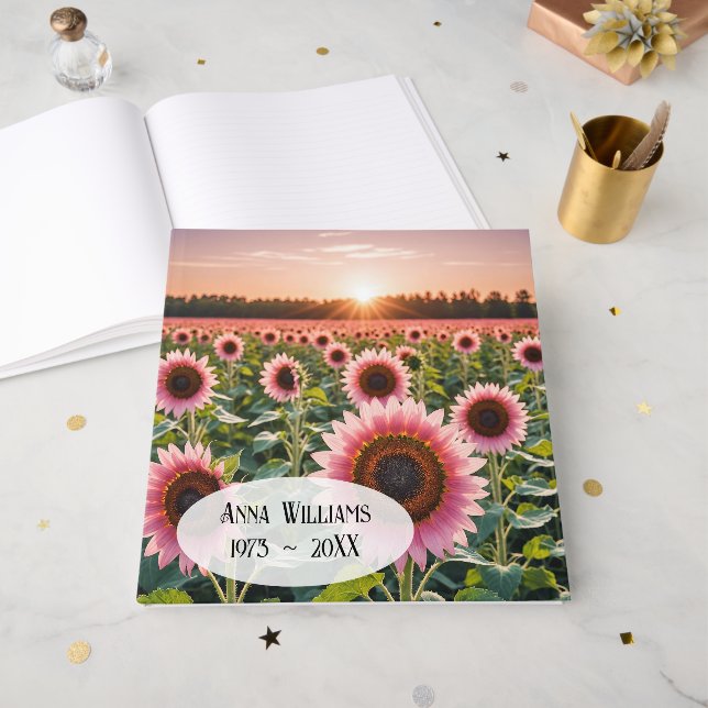 Pink Sunflower Field For Memorial Service Guest Book (Front Open)