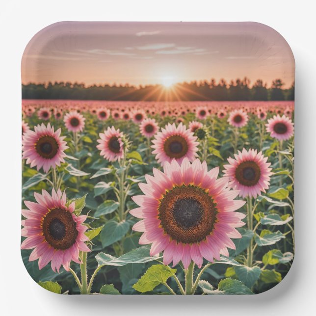 Pink Sunflower Field Paper Plate (Front)