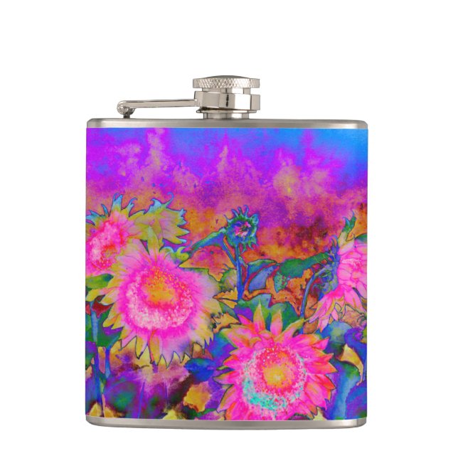 Pink Sunflower fields Hip Flask (Front)