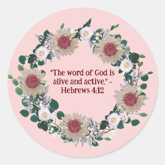 Pink Sunflower Floral Wreath Faithful Reflections Classic Round Sticker (Front)