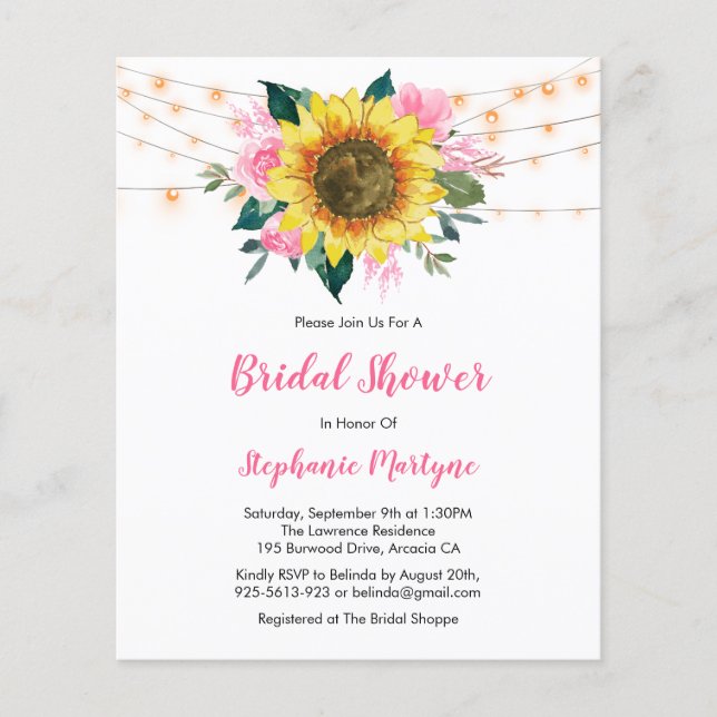 Pink Sunflower Lights Budget Bridal Shower Invite (Front)