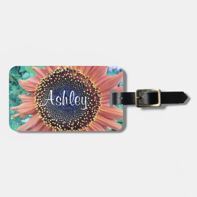 Pink Sunflower Photo Personalised Floral Luggage Tag (Front Horizontal)