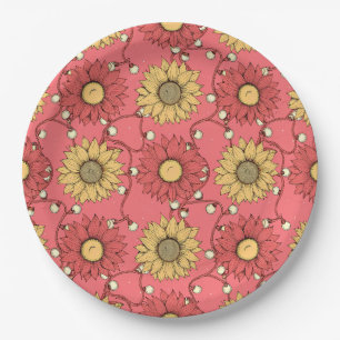 Pink Sunflowers Christmas Paper Plate