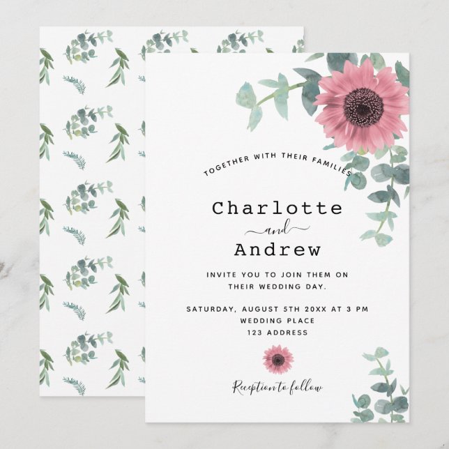 Pink sunflowers dusty floral greenery wedding invitation (Front/Back)