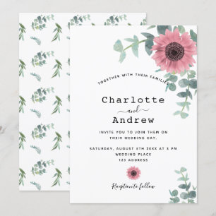 Pink sunflowers dusty floral greenery wedding invitation