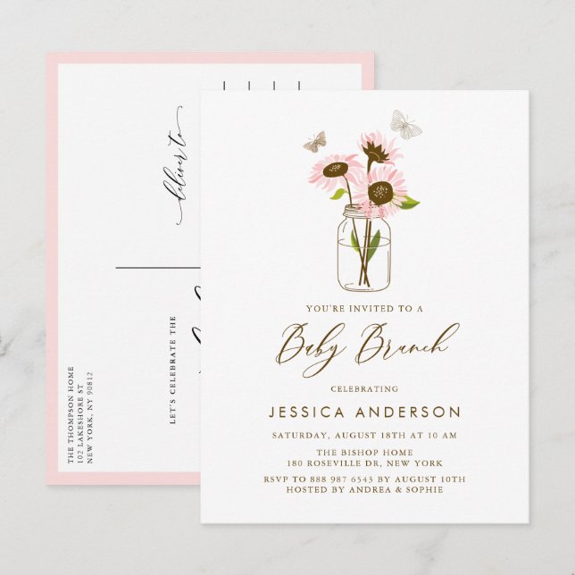 Pink Sunflowers in a Mason Jar Baby Brunch Invitation Postcard (Front/Back)