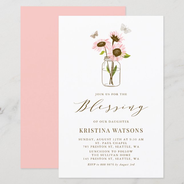Pink Sunflowers in Mason Jar Baby Blessing Invite (Front/Back)