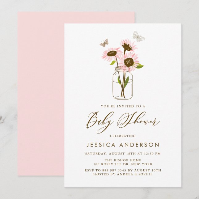 Pink Sunflowers in Mason Jar Baby Shower Invitation (Front/Back)