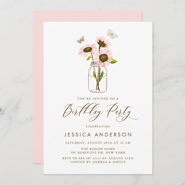 Pink Sunflowers in Mason Jar Birthday Party Invitation (Front/Back)