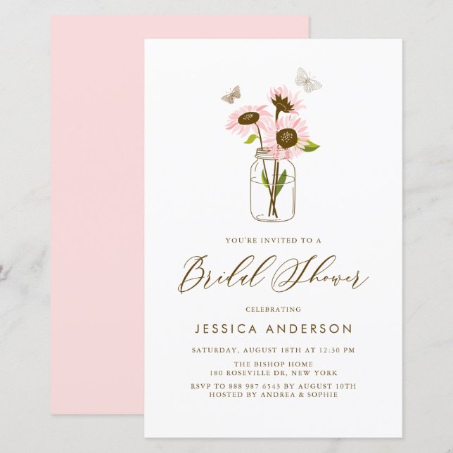 Pink Sunflowers in Mason Jar Bridal Shower Invite (Front/Back)