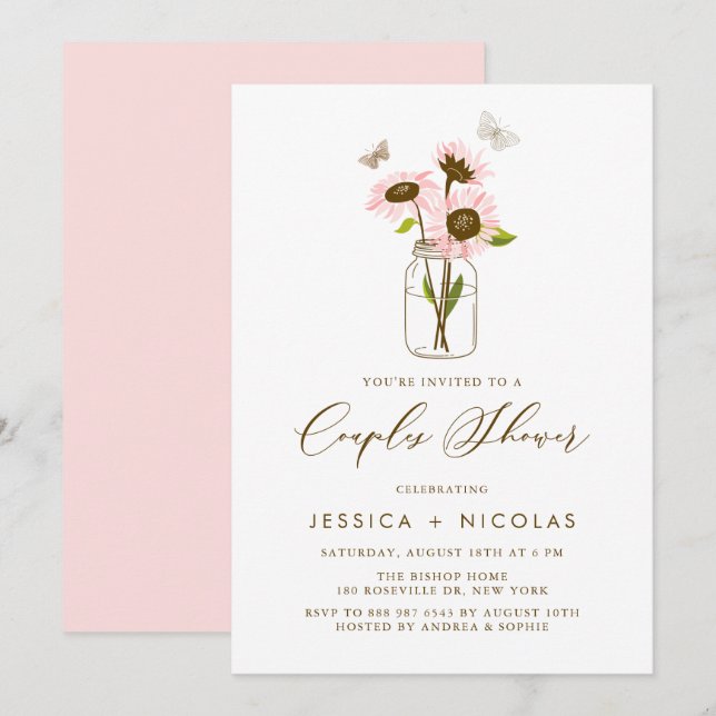 Pink Sunflowers in Mason Jar Couples Shower Invitation (Front/Back)