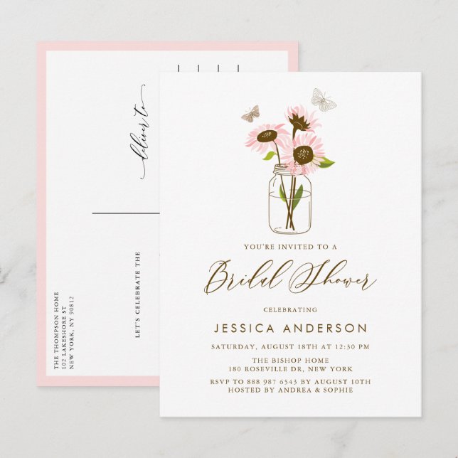 Pink Sunflowers in Mason Jar Rustic Bridal Shower Invitation Postcard (Front/Back)