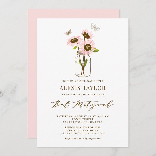 Pink Sunflowers in Mason Jar Summer Bat Mitzvah Invitation (Front/Back)