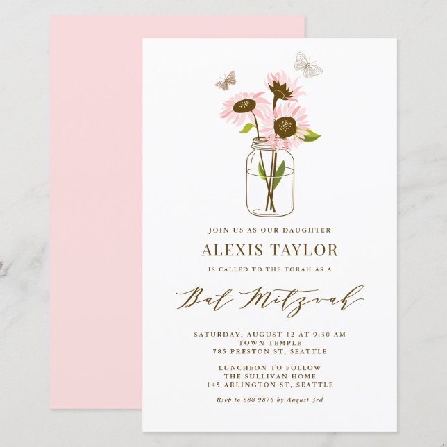 Pink Sunflowers Mason Jar Bat Mitzvah Invitation (Front/Back)