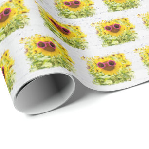 Pink Sunglasses On Sunflower Wrapping Paper