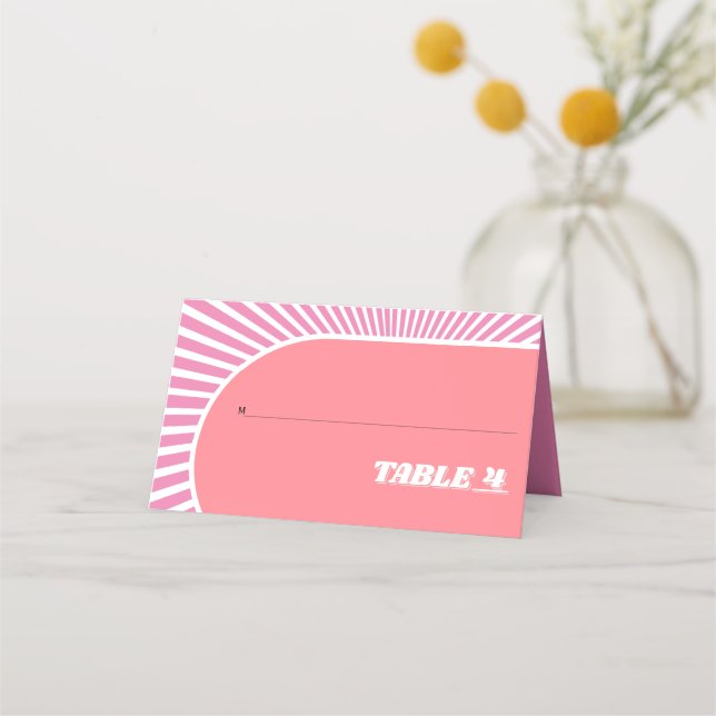 Pink sunray retro groovy 70s inspired wedding place card (Front)