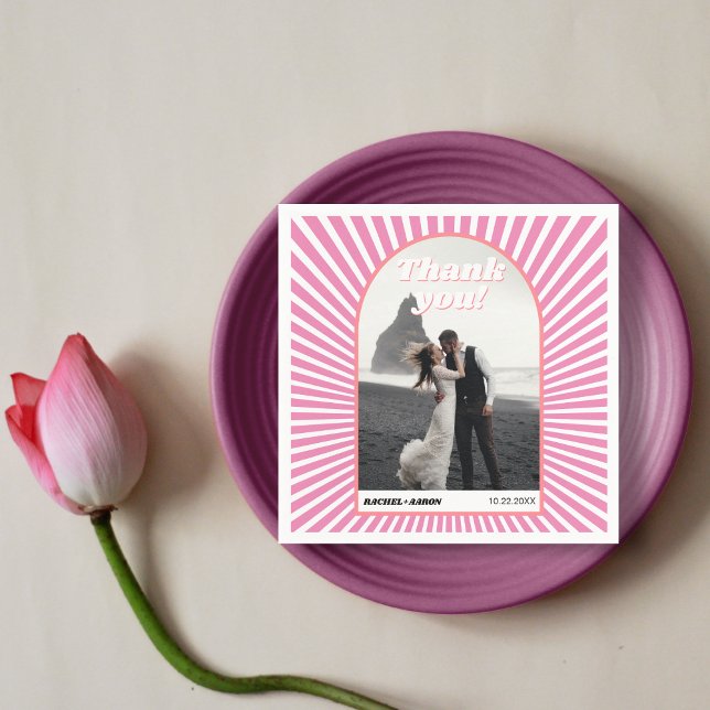 Pink sunrays retro groovy 70s inspired wedding napkin (Creator Uploaded)