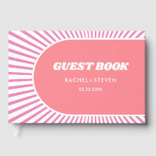 Pink sunrays retro pink 70s inspired wedding guest book