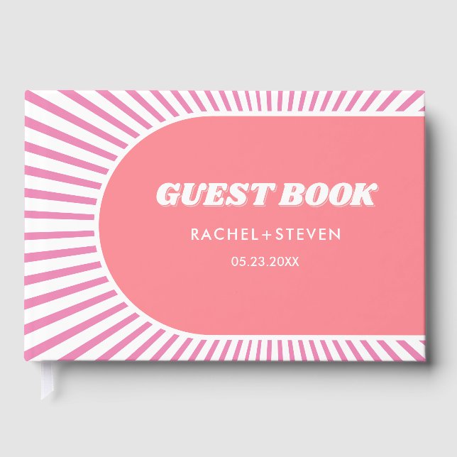 Pink sunrays retro pink 70s inspired wedding guest book (Front)