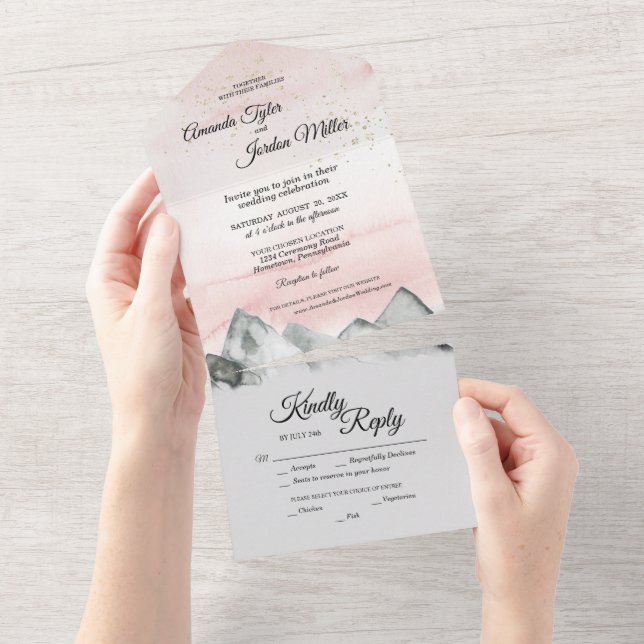Pink Sunrise Mountain Wedding All In One Invitation (Tearaway)