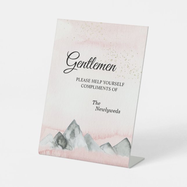 Pink Sunrise Mountain Wedding Gentlemen Bathroom Pedestal Sign (Front)