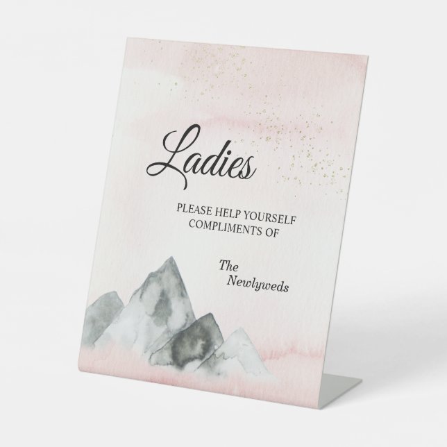 Pink Sunrise Mountain Wedding Ladies Bathroom Pedestal Sign (Front)