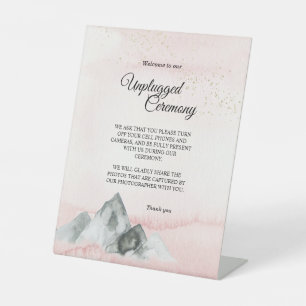 Pink Sunrise Mountain Wedding Unplugged Ceremony Pedestal Sign