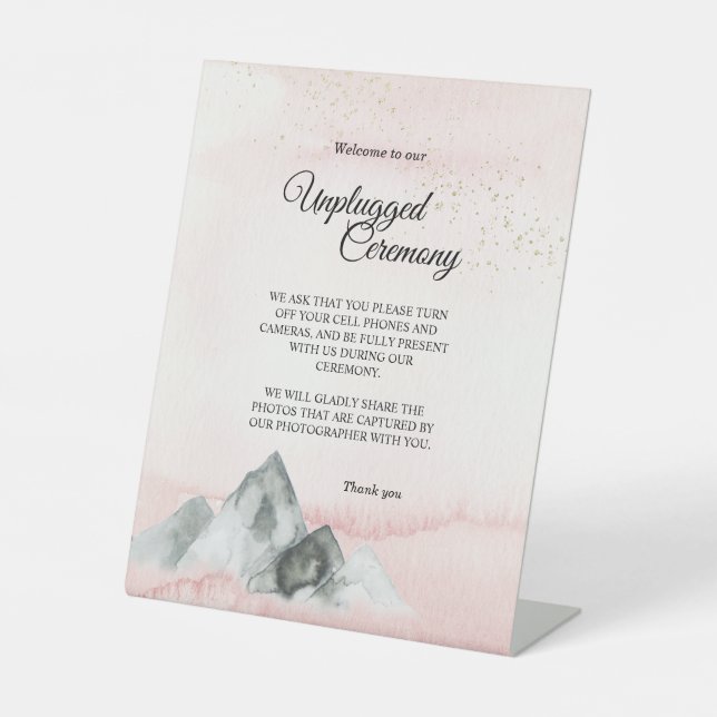 Pink Sunrise Mountain Wedding Unplugged Ceremony Pedestal Sign (Front)