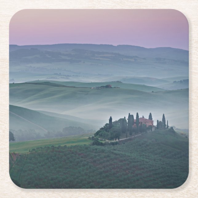 Pink sunrise over a Tuscany landscape coaster (Front)