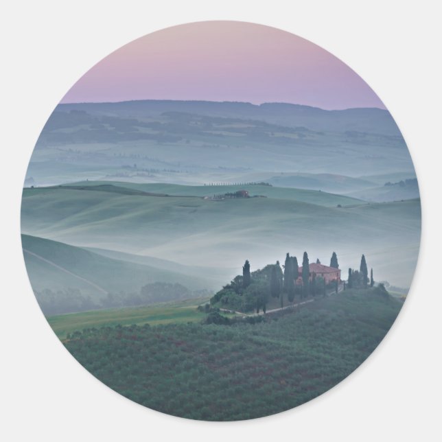 Pink sunrise over Tuscany landscape round sticker (Front)